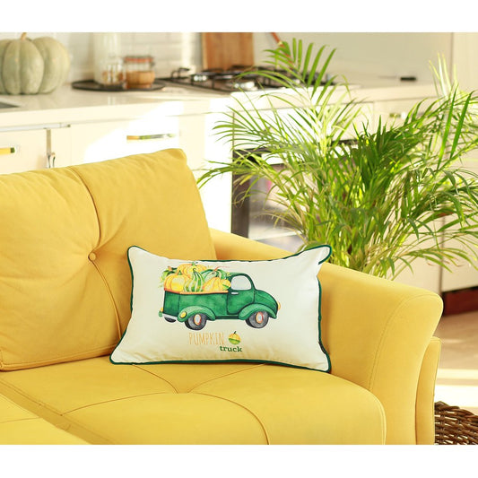 Set of Two 12" X 20" Green And White Pumpkin Truck Pumpkin Fabric Lumbar Throw Pillow Covers