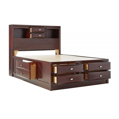 Espresso Multii-Drawer Wood Platform Queen Bed With Pull Out Tray