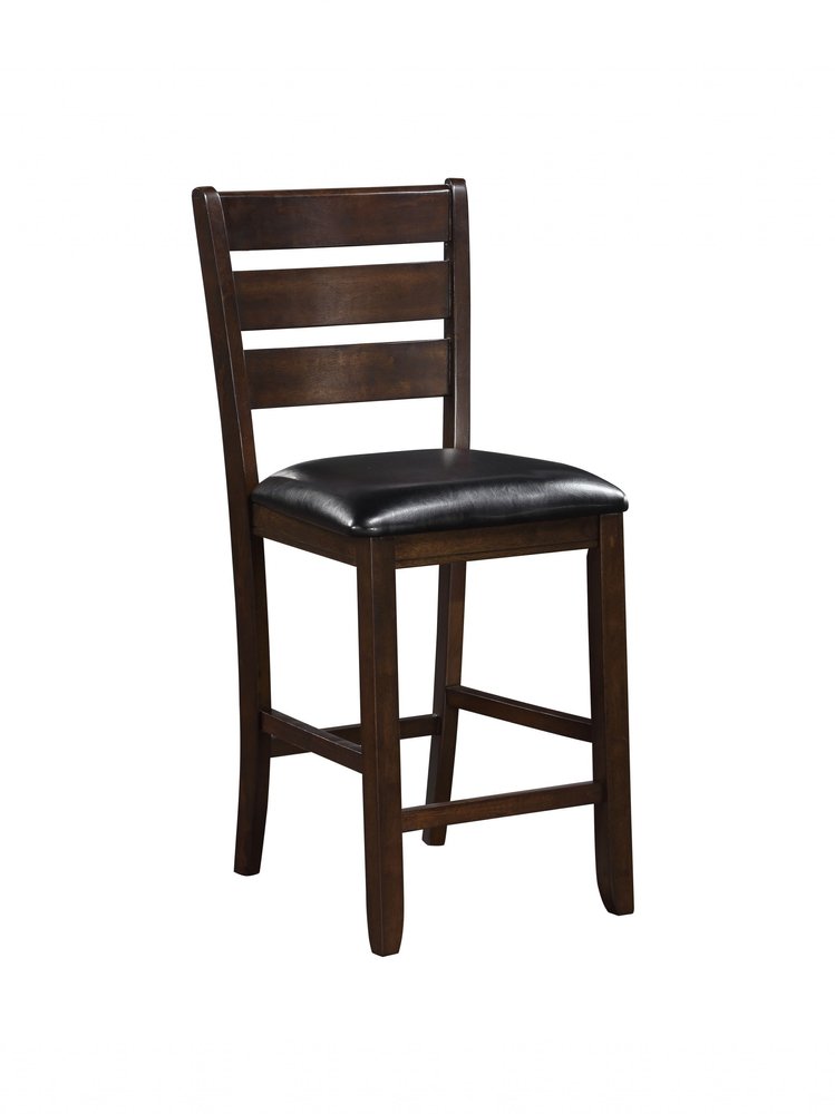 Set of Two 41" Black And Brown Faux Leather And Solid Wood Counter Height Bar Chairs