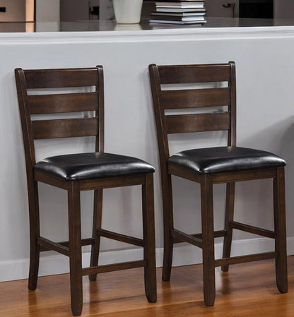 Set of Two 41" Black and Brown Faux Leather and Solid Wood Counter Height Bar Chairs