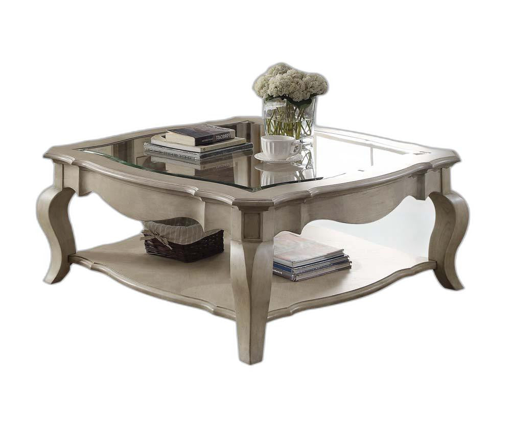 42" Clear And Taupe Glass And Solid Wood Square Coffee Table With Shelf