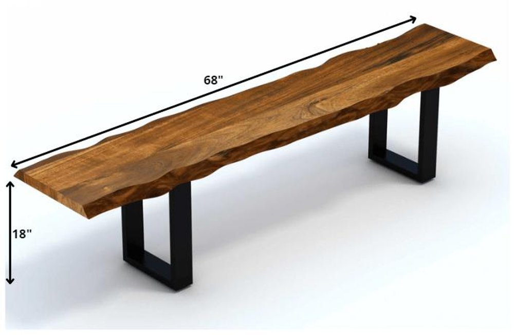 68" Brown And Black Steel Distressed and Solid Wood Live Edge Dining Bench