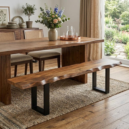 68" Brown And Black Steel Distressed and Solid Wood Live Edge Dining Bench