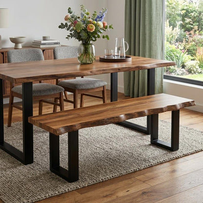 43" Brown And Black Steel and Solid Wood Live Edge Dining Bench