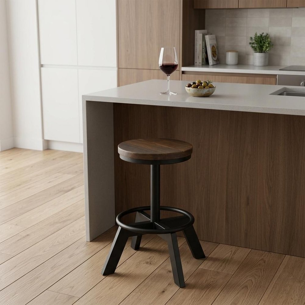 22" Brown And Black Solid Wood And Iron Backless Bar Chair