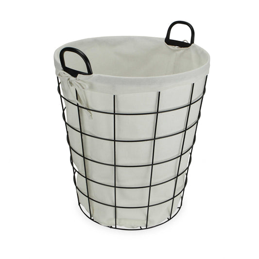 Large White Fabric Lined Metal Laundry Type Basket With Handle