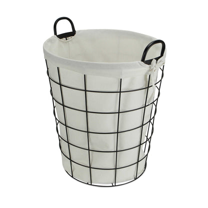 Large White Fabric Lined Metal Laundry Type Basket With Handle