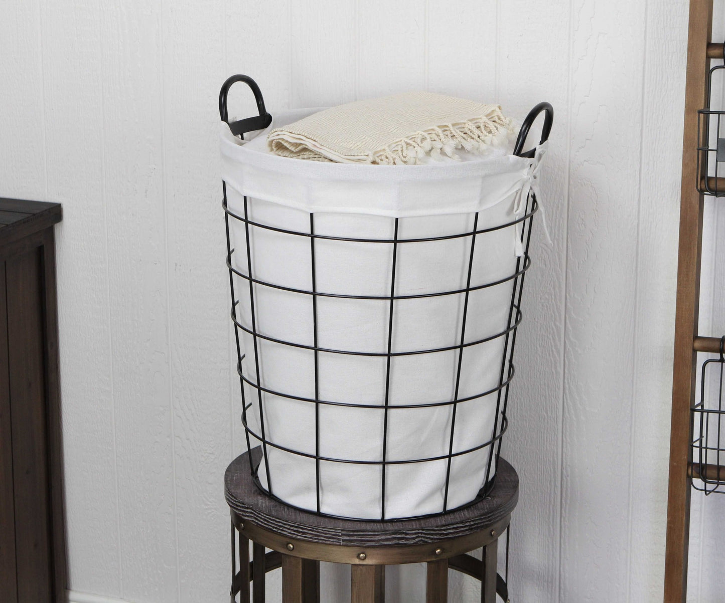 Large White Fabric Lined Metal Laundry Type Basket With Handle