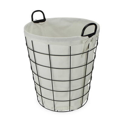 Large White Fabric Lined Metal Laundry Type Basket With Handle