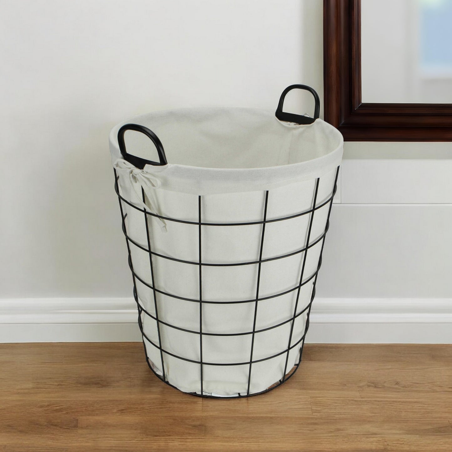 Large White Fabric Lined Metal Laundry Type Basket With Handle