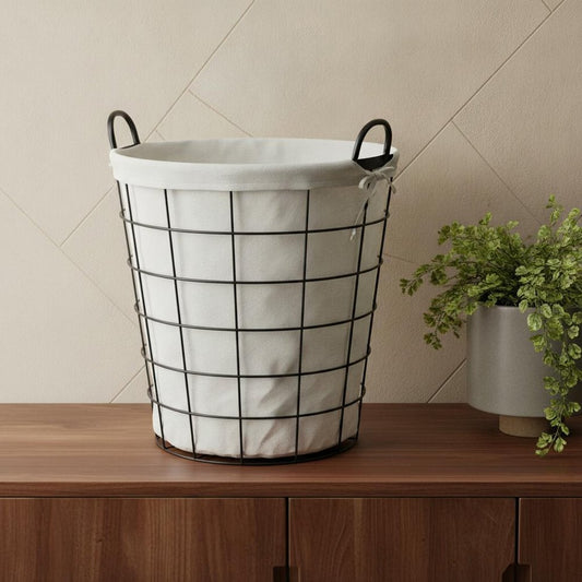Large White Fabric Lined Metal Laundry Type Basket With Handle