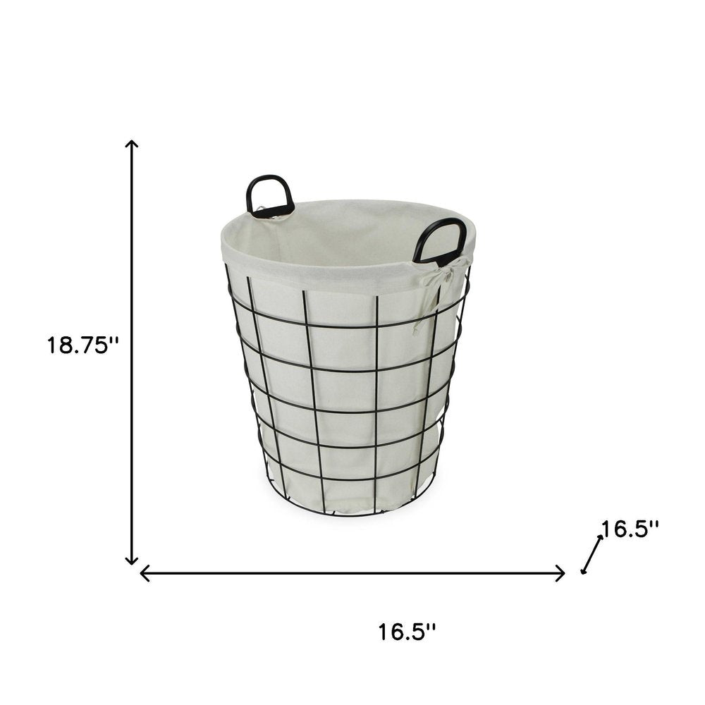 Large White Fabric Lined Metal Laundry Type Basket With Handle
