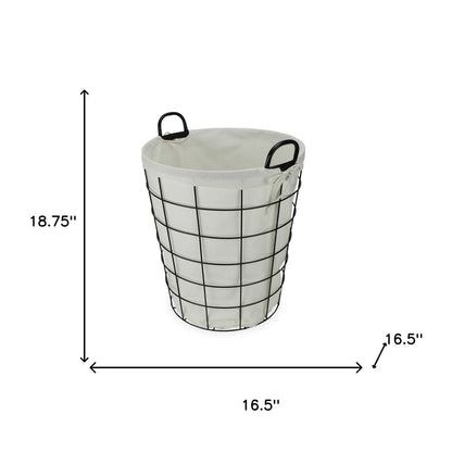 Large White Fabric Lined Metal Laundry Type Basket With Handle