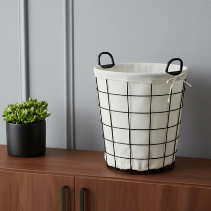 Large White Fabric Lined Metal Laundry Type Basket With Handle