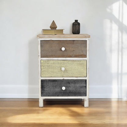 19" White Gray and Natural Distressed Accent Cabinet With Three Drawers