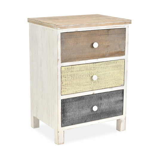 19" White Gray and Natural Distressed Accent Cabinet With Three Drawers