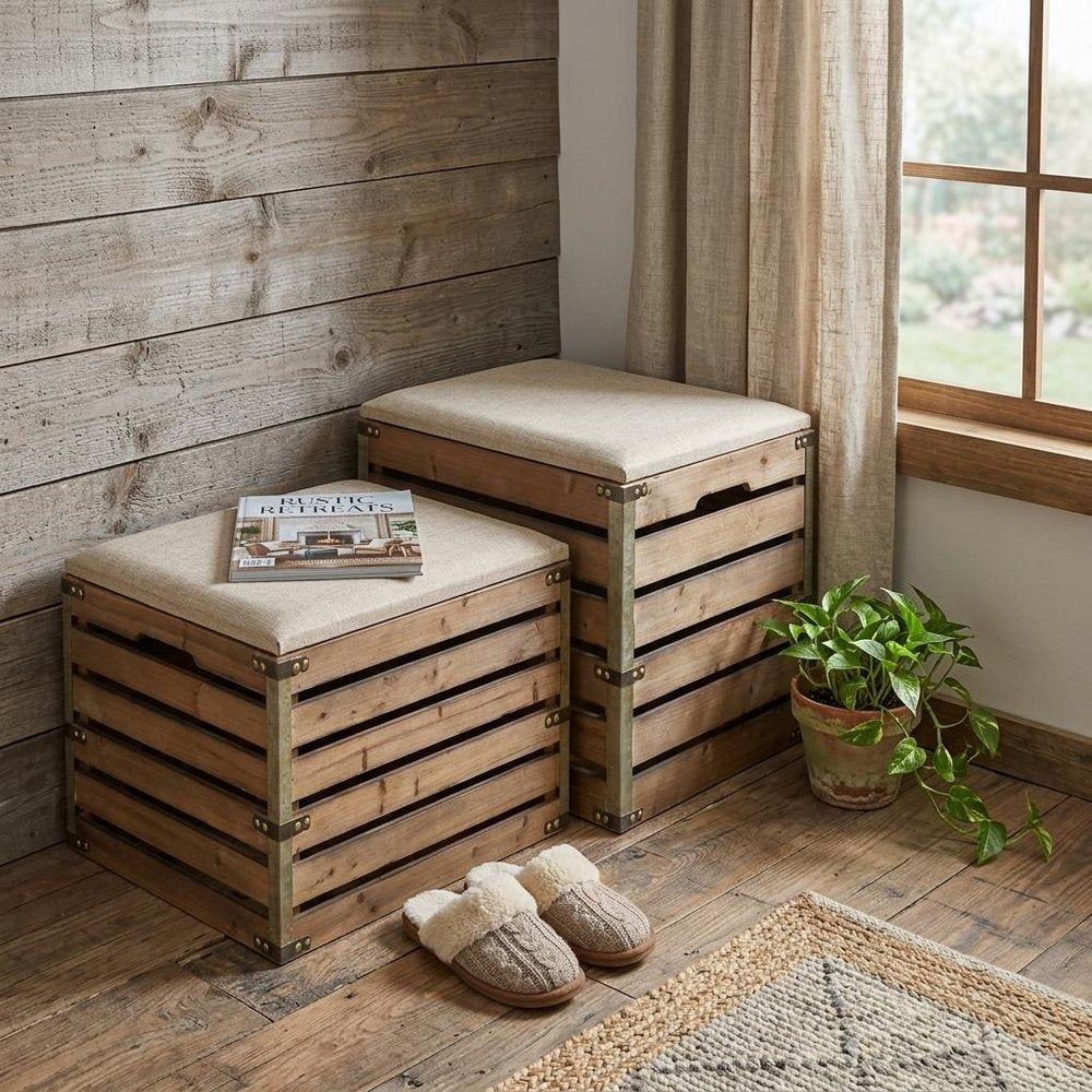 Set of Two Brown Wood Slat and Upholstery Storage Benches With Flip Top