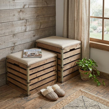 Set of Two Brown Wood Slat and Upholstery Storage Benches With Flip Top