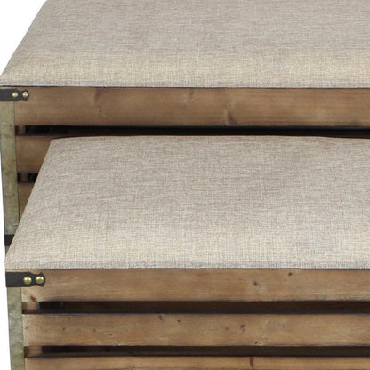 Set of Two 24" Brown Linen And Solid Wood Upholstered Storage Entryway Stool With Flip Top