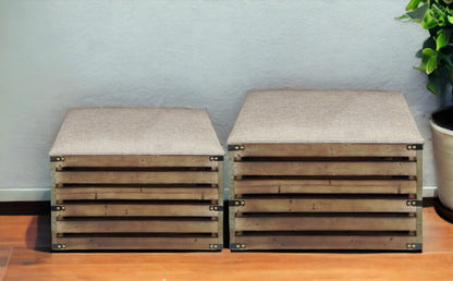 Set of Two Brown Wood Slat and Upholstery Storage Benches With Flip Top