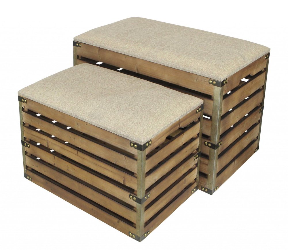 Set of Two 24" Brown Linen And Solid Wood Upholstered Storage Entryway Stool With Flip Top