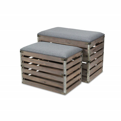 Set of Two 24" Gray Linen Upholstered Storage Entryway Stool With Flip Top