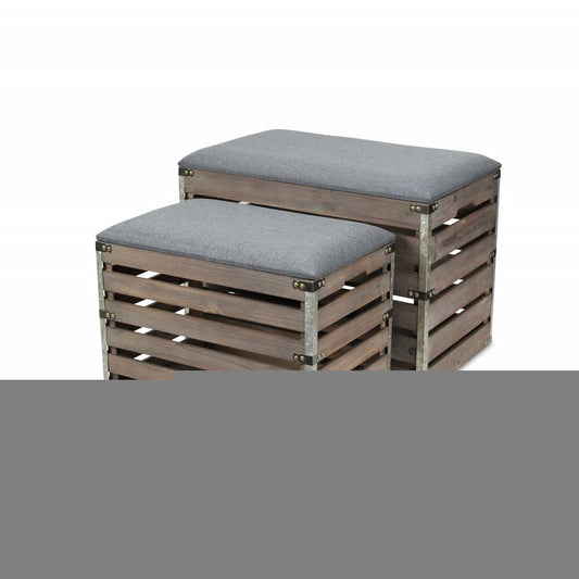 24" Gray and Brown Linen Upholstered Storage Bench with Flip Top