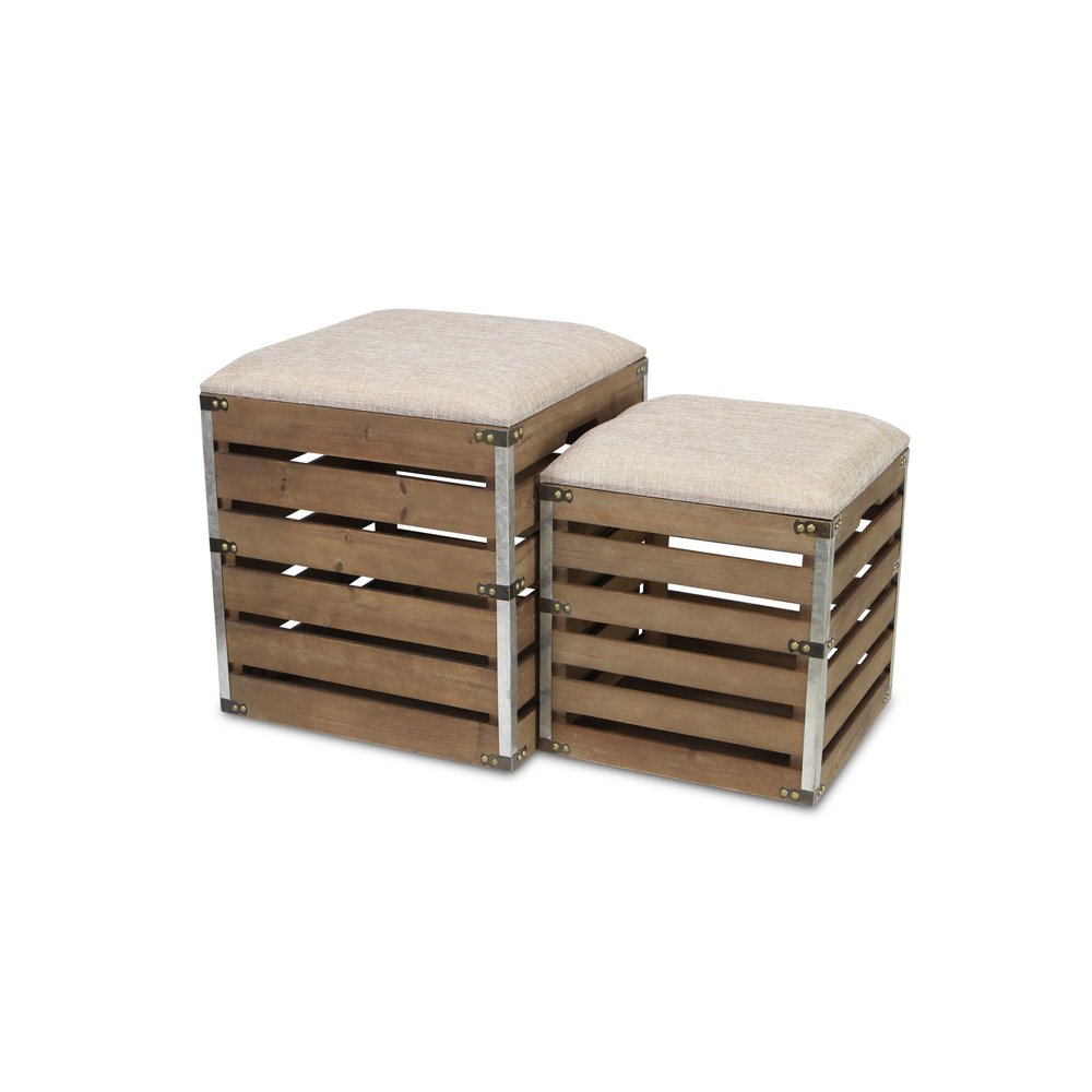 Set of Two 16" Brown Linen Upholstered Storage Entryway Stool With Flip Top