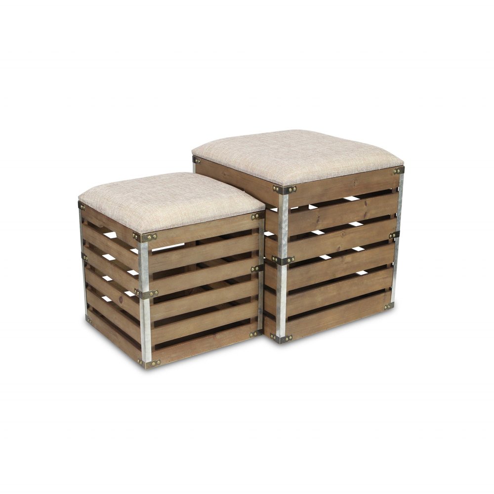 Set of Two 16" Brown Linen Upholstered Storage Entryway Stool With Flip Top