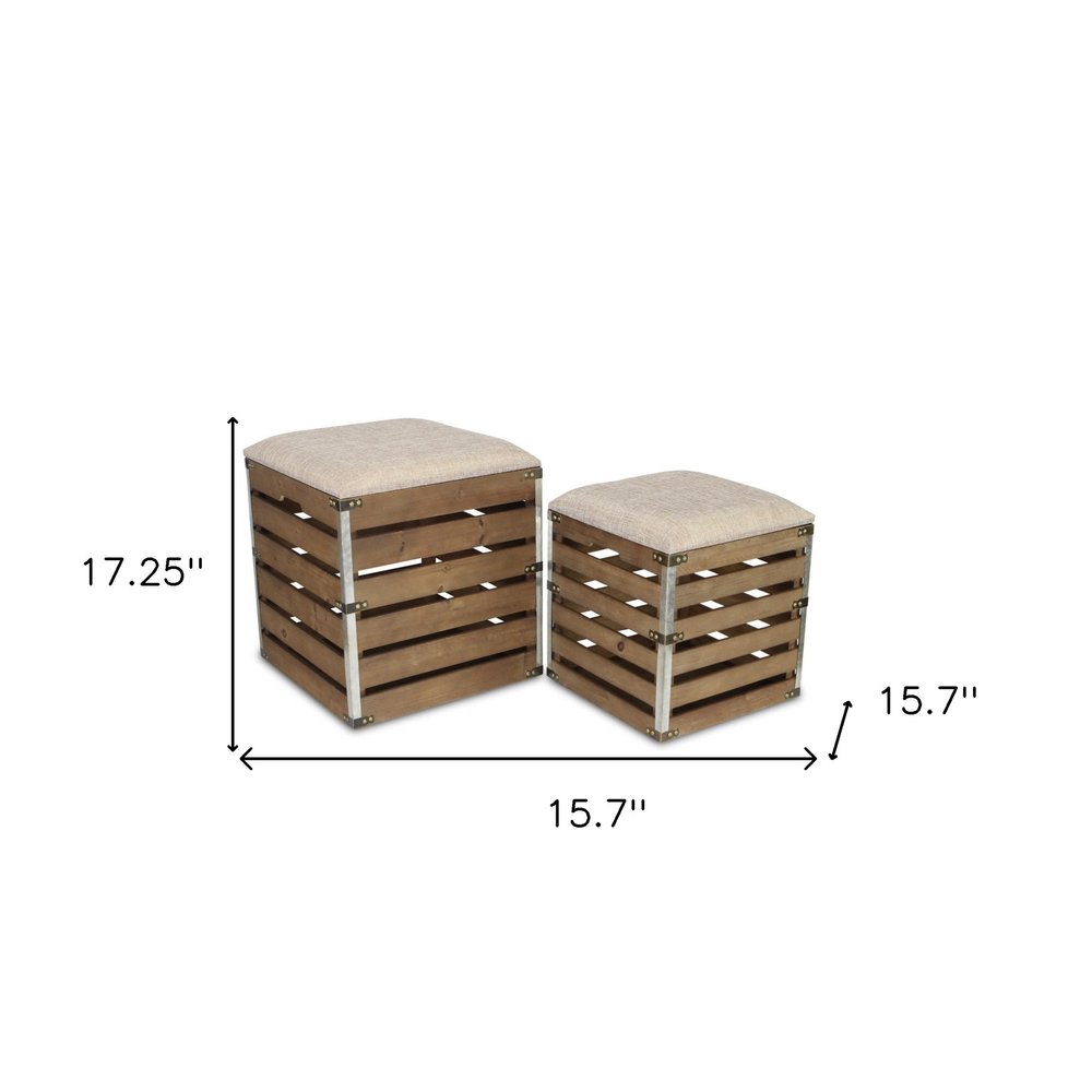 Set of Two 16" Brown Linen Upholstered Storage Entryway Stool With Flip Top