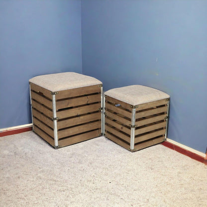 Set of Two 16" Brown Linen Upholstered Storage Entryway Stool With Flip Top