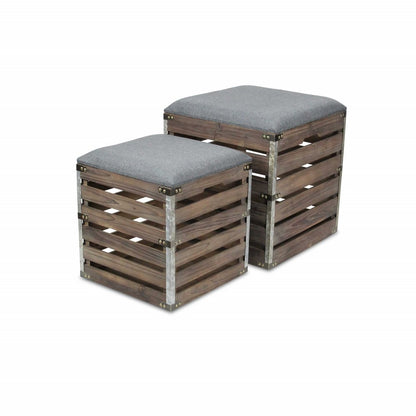 Set of Two 16" Gray Linen Upholstered Storage Entryway Stool With Flip Top
