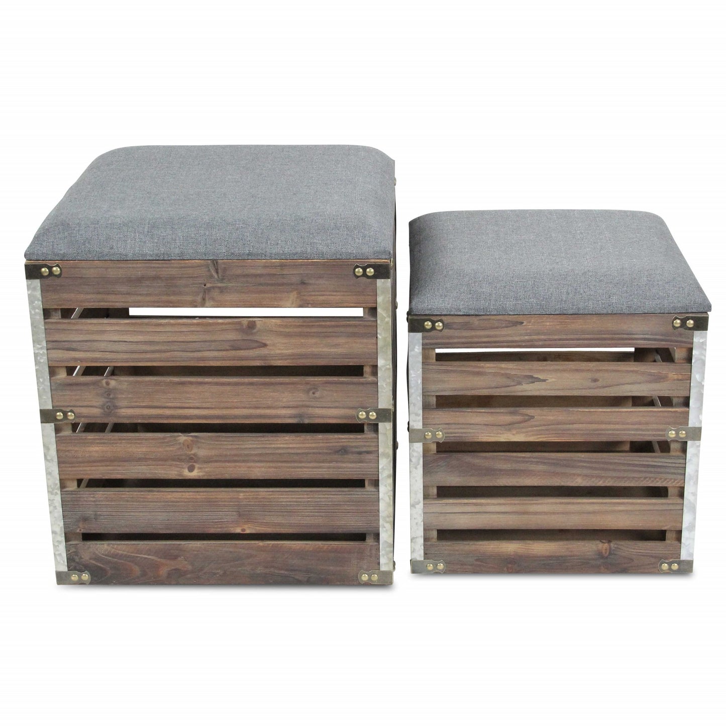 Set Of 2 Square Gray Linen Fabric And Wood Slats Storage Benches