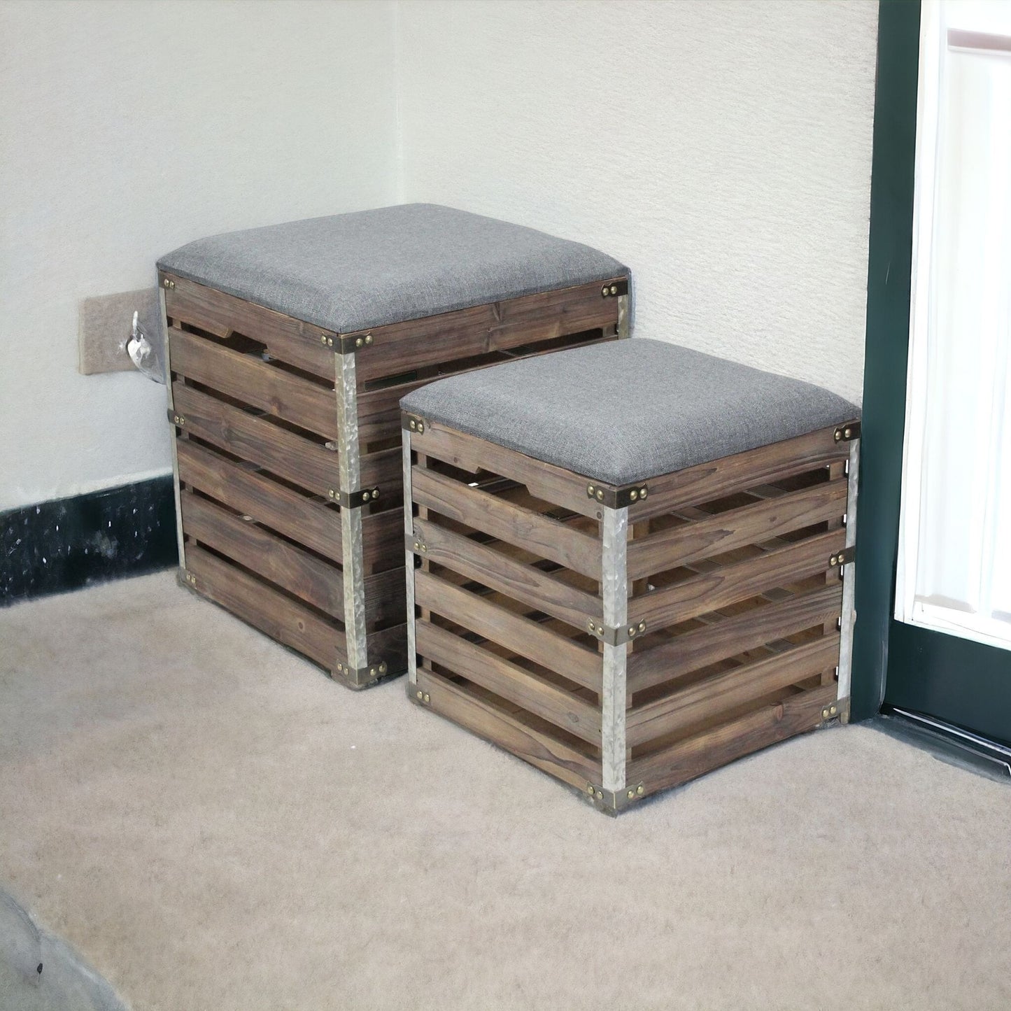 Set Of 2 Square Gray Linen Fabric And Wood Slats Storage Benches