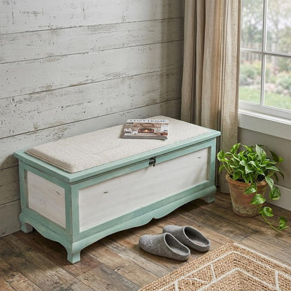 37" White And Green Linen Blend And Wood Upholstered Distressed Storage Bench With Flip Top
