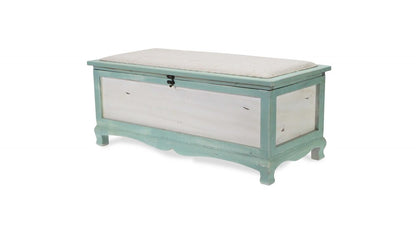 37" White And Green Linen Blend And Wood Upholstered Distressed Storage Bench With Flip Top