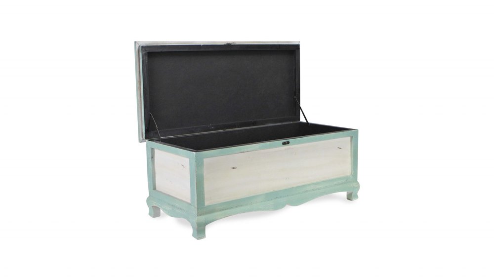 37" White And Green Linen Blend And Wood Upholstered Distressed Storage Bench With Flip Top