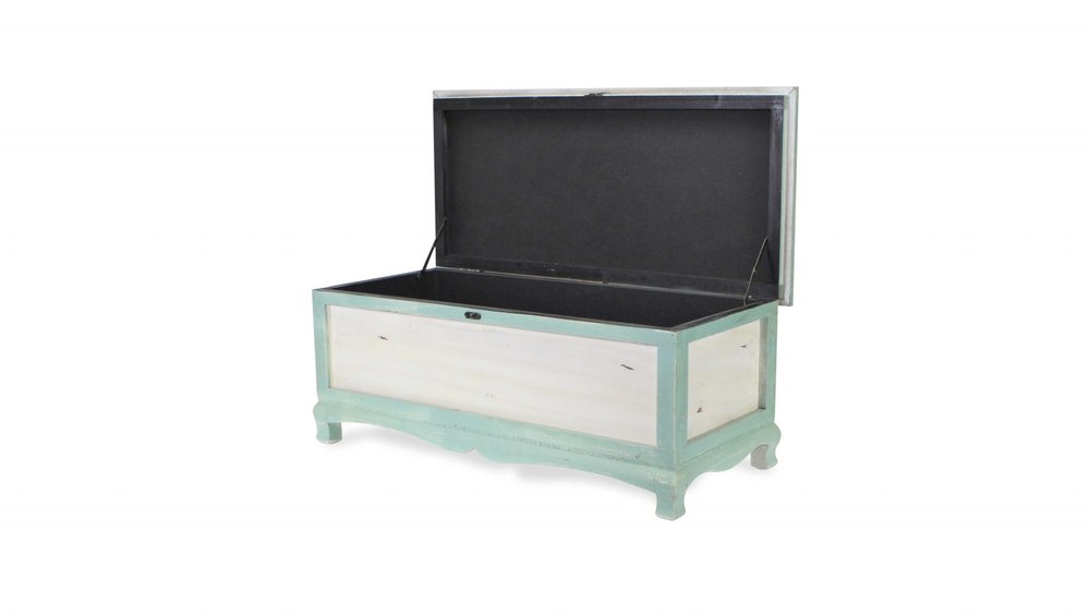 37" White And Green Linen Blend And Wood Upholstered Distressed Storage Bench With Flip Top