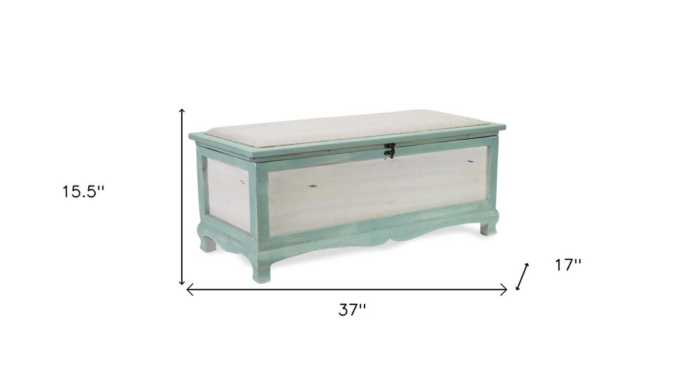 37" White And Green Linen Blend And Wood Upholstered Distressed Storage Bench With Flip Top