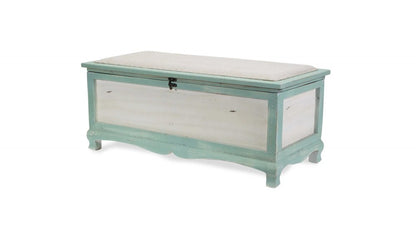 37" White And Green Linen Blend And Wood Upholstered Distressed Storage Bench With Flip Top