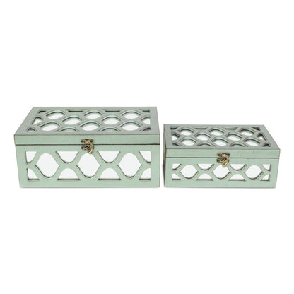 Set of Two Blue Mirrored Glass And Wood Box With Lid