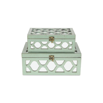 Set of Two Green Wood And Mirrored Glass Boxes