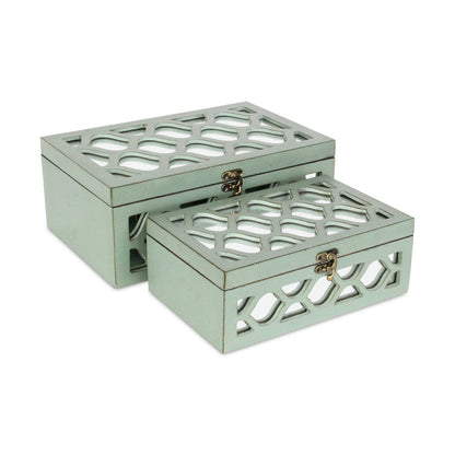 Set of Two Green Wood And Mirrored Glass Boxes