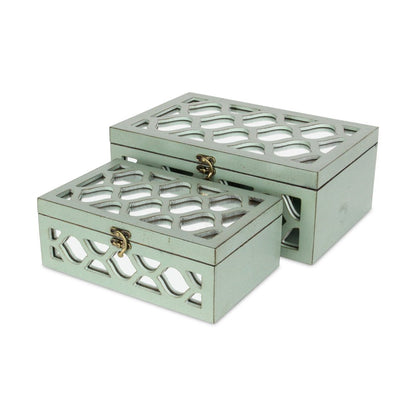Set of Two Green Wood And Mirrored Glass Boxes