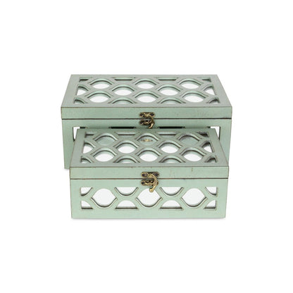 Set of Two Blue Mirrored Glass And Wood Box With Lid