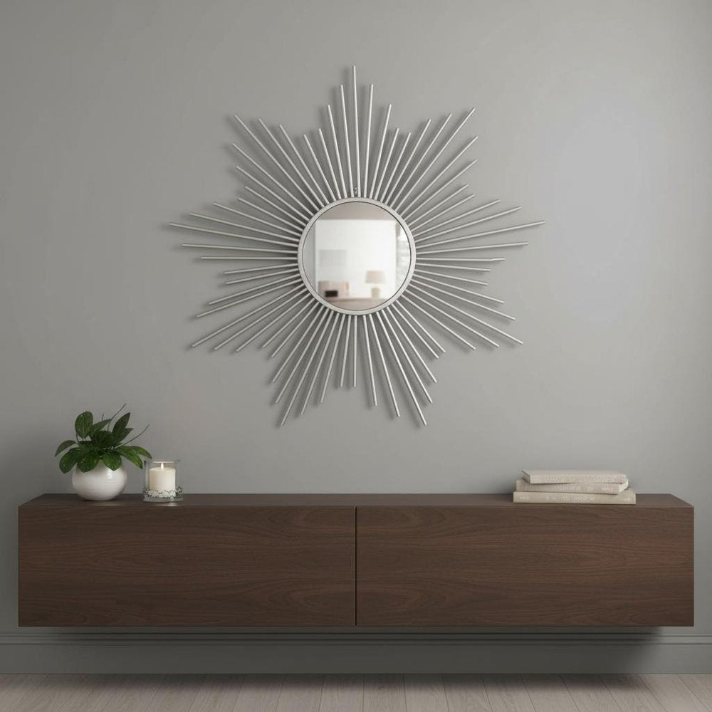 32" Silver Metal Sunburst Framed Accent Mirror