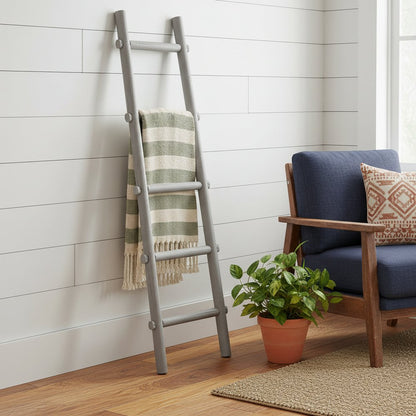 59" Gray Five Step Rustic Weathered Grey Wood Ladder Shelf