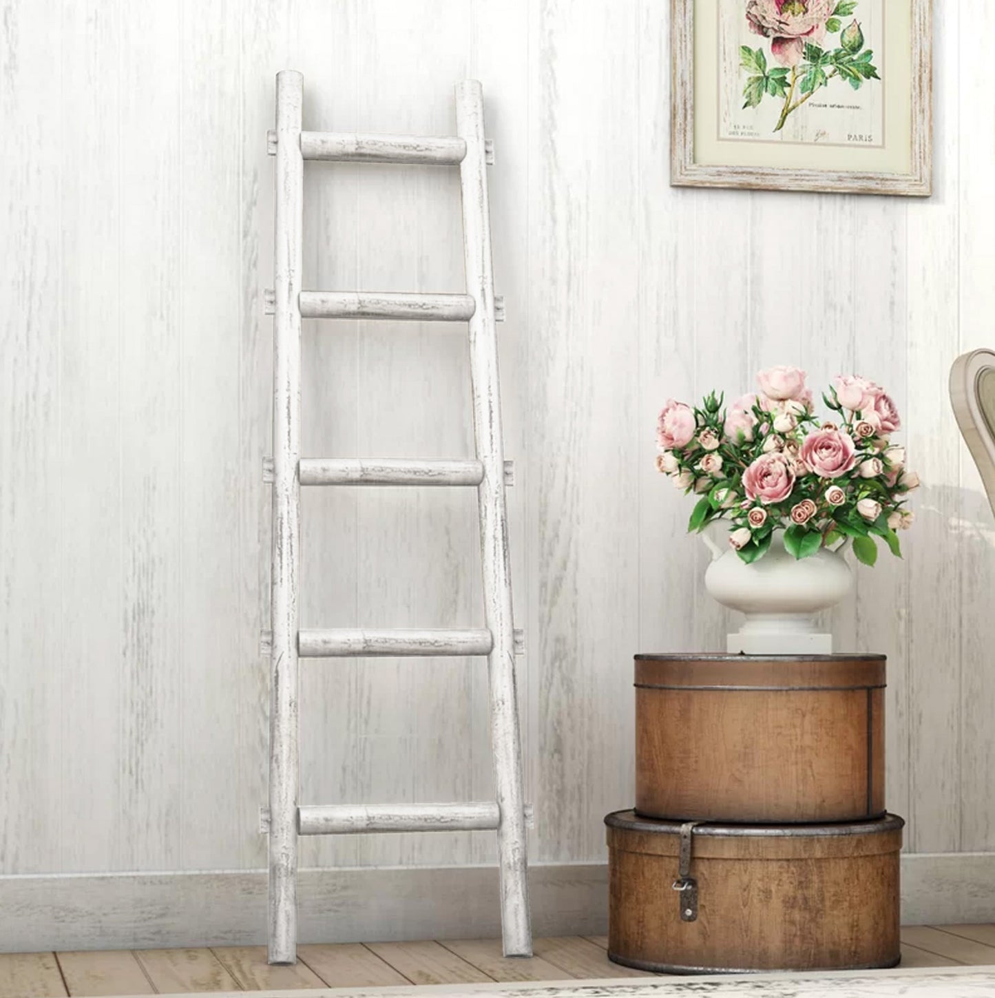 59" Gray Five Step Rustic Weathered Grey Wood Ladder Shelf