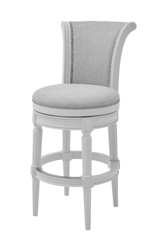 31" Light Gray And White Linen And Solid Wood Swivel Bar Chair