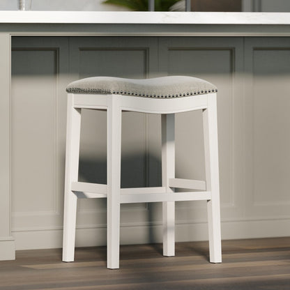 31" Light Gray And White Fabric And Solid Wood Backless Bar Height Bar Chair